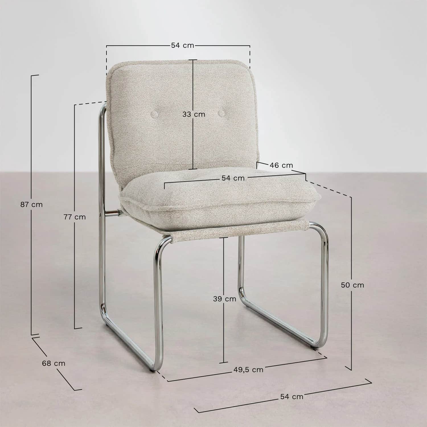 A modern cantilever chair featuring a continuous tubular chrome frame and light beige, textured bouc… — 3D model