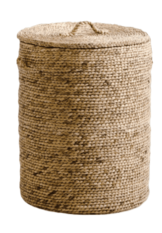 A cylindrical basket with a lid, crafted from woven natural fibers. It features two handles on the s… — 3D model