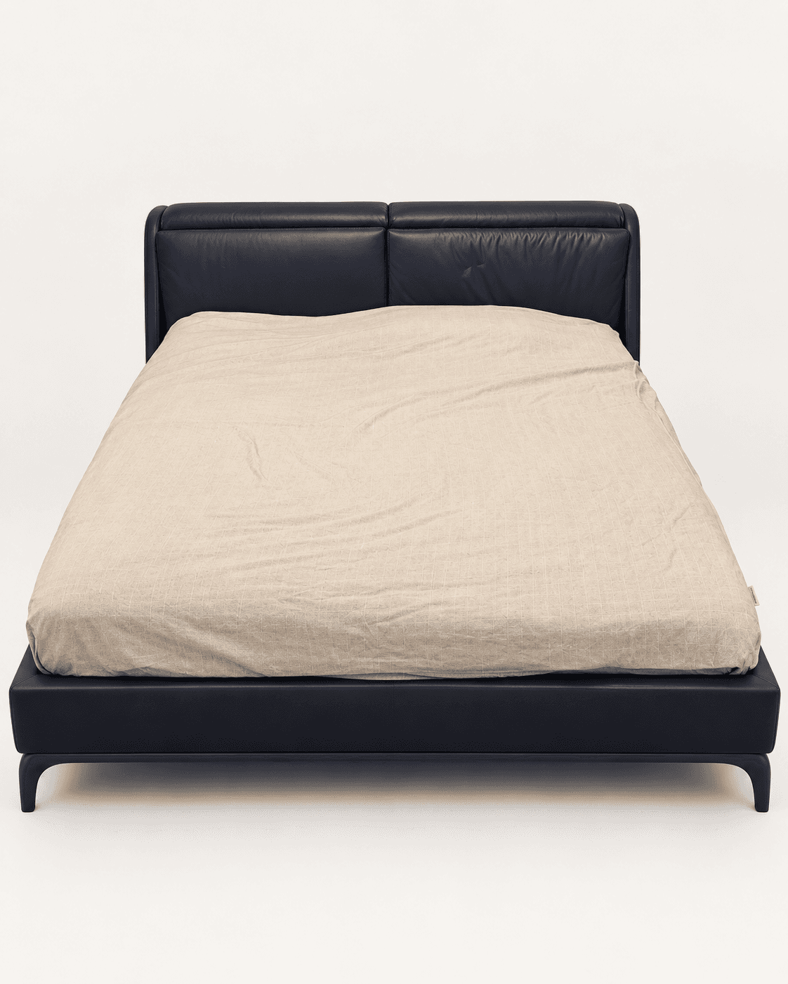 A modern platform bed featuring a dark blue upholstered frame and a distinctive split headboard. The… — 3D model