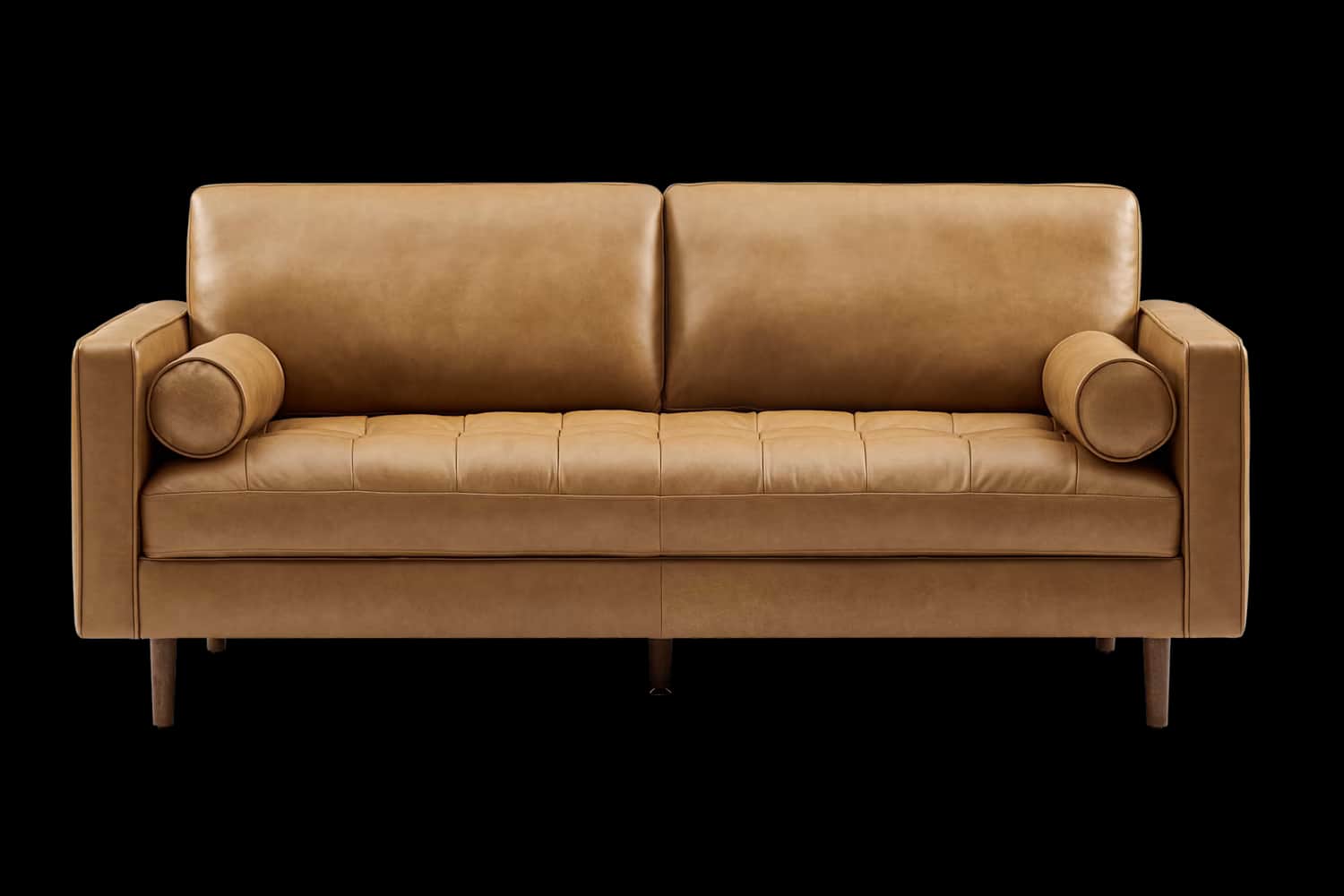 A modern three-seater sofa upholstered in tan or camel-colored leather. It features two large back c… — free GLTF 3D model