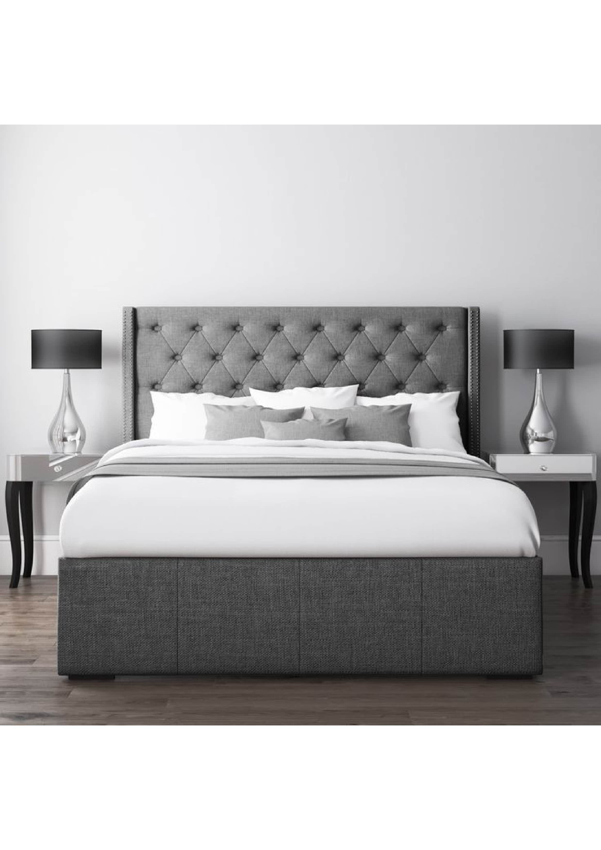 A contemporary upholstered bed featuring a gray fabric finish, a tall button-tufted headboard with a… — 3D model