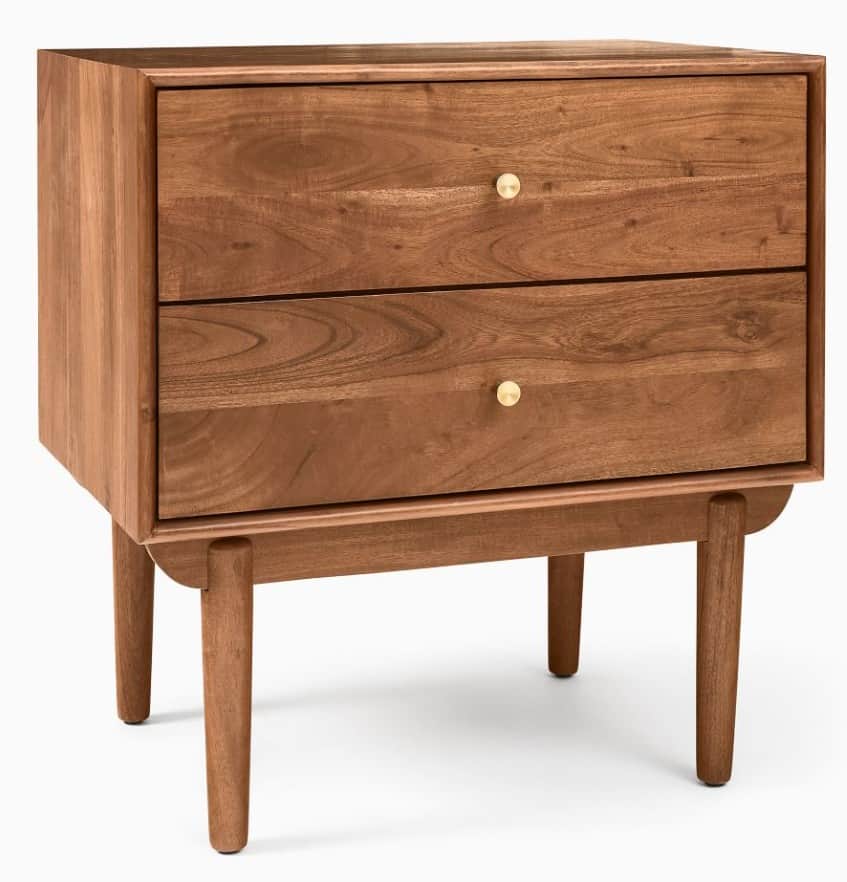 A compact rectangular wooden nightstand with two drawers and four tapered solid wood legs, featuring… — 3D model