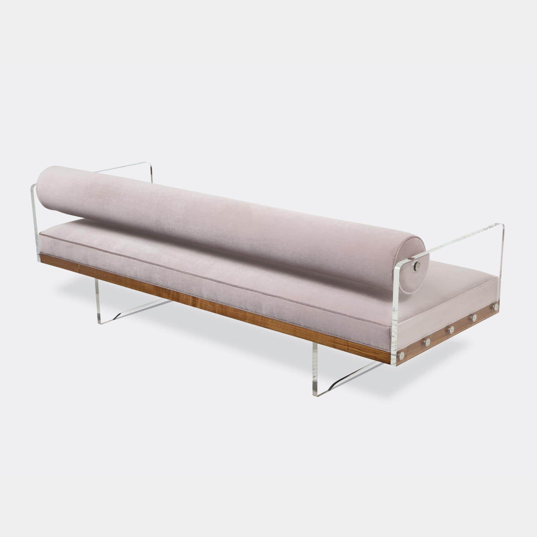 A sleek, modern daybed featuring a rectangular seat cushion and a cylindrical bolster backrest, both… — 3D model