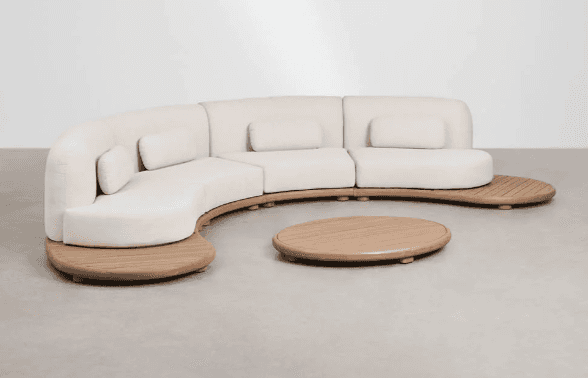 A modular, curved sofa with a low profile, featuring a light-colored upholstered seating area and ba… — free GLTF 3D model