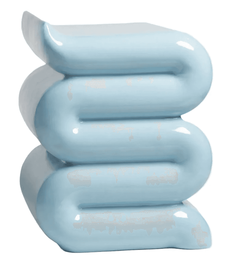 A glossy, light blue, sculptural furniture piece featuring a continuous, undulating wave-like form.… — 3D model