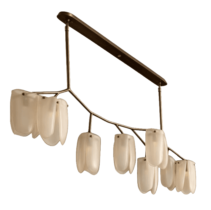 A contemporary linear chandelier featuring an organic, branching metal frame in a bronzed finish, ad… — 3D model