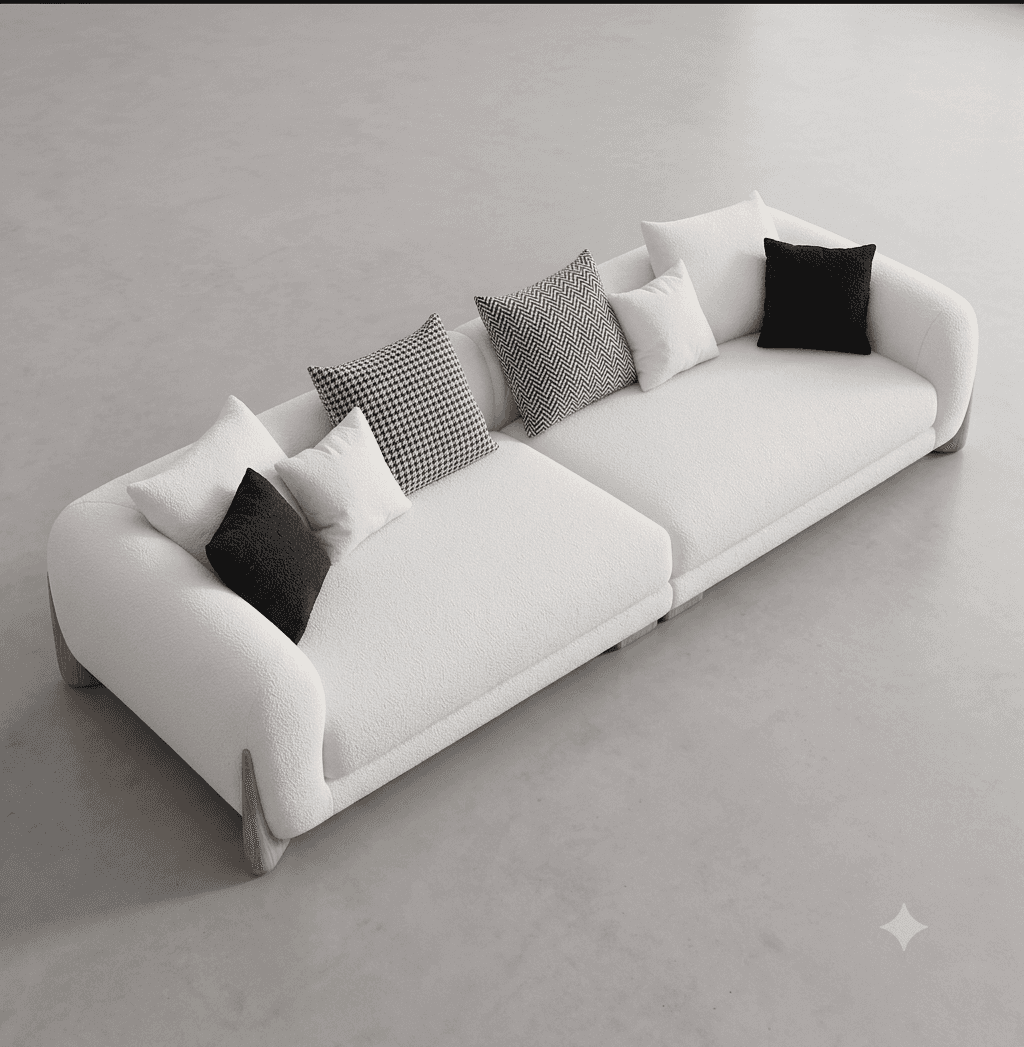 A contemporary, modular sectional sofa upholstered in white boucle fabric, featuring rounded edges a… — 3D model