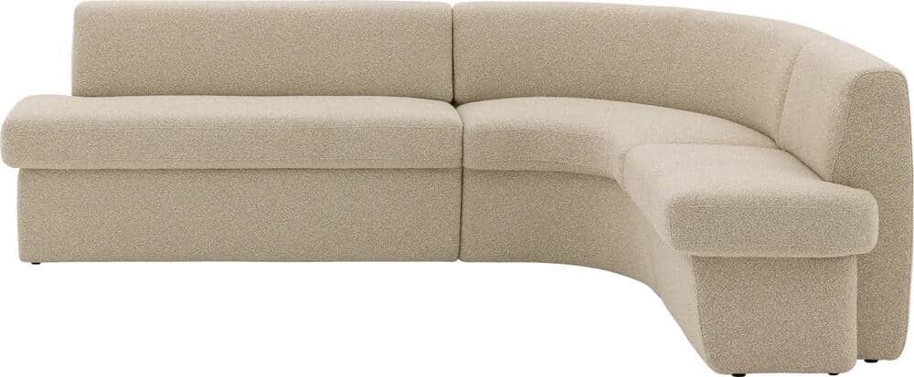 A light beige, upholstered modular sectional sofa featuring a distinct curved corner section. The so… — 3D model