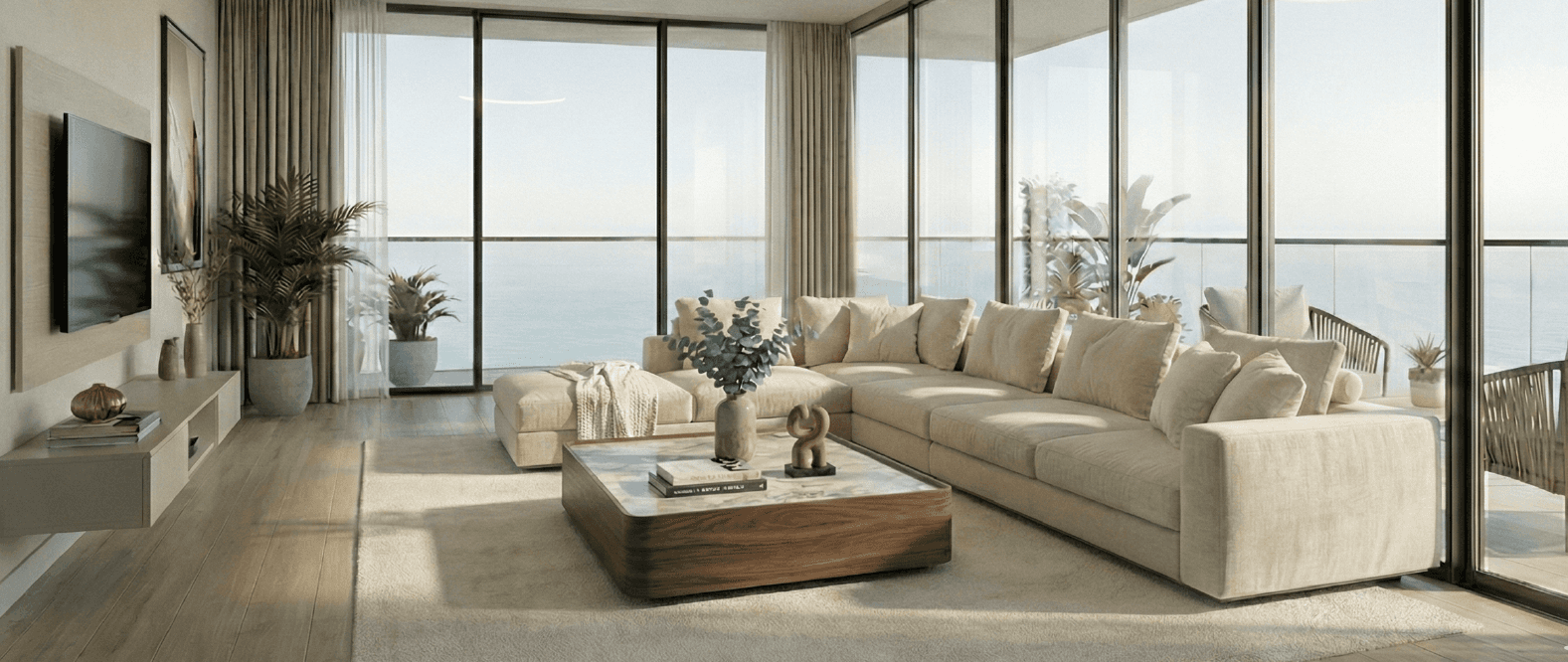A large contemporary U-shaped sectional sofa upholstered in a light beige or cream fabric, featuring… — 3D model