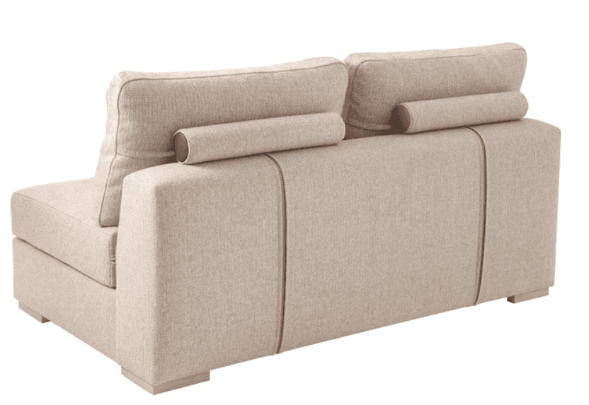 A modern sofa with a upholstered frame and back cushions. It features adjustable headrests with a cy… — free GLTF 3D model