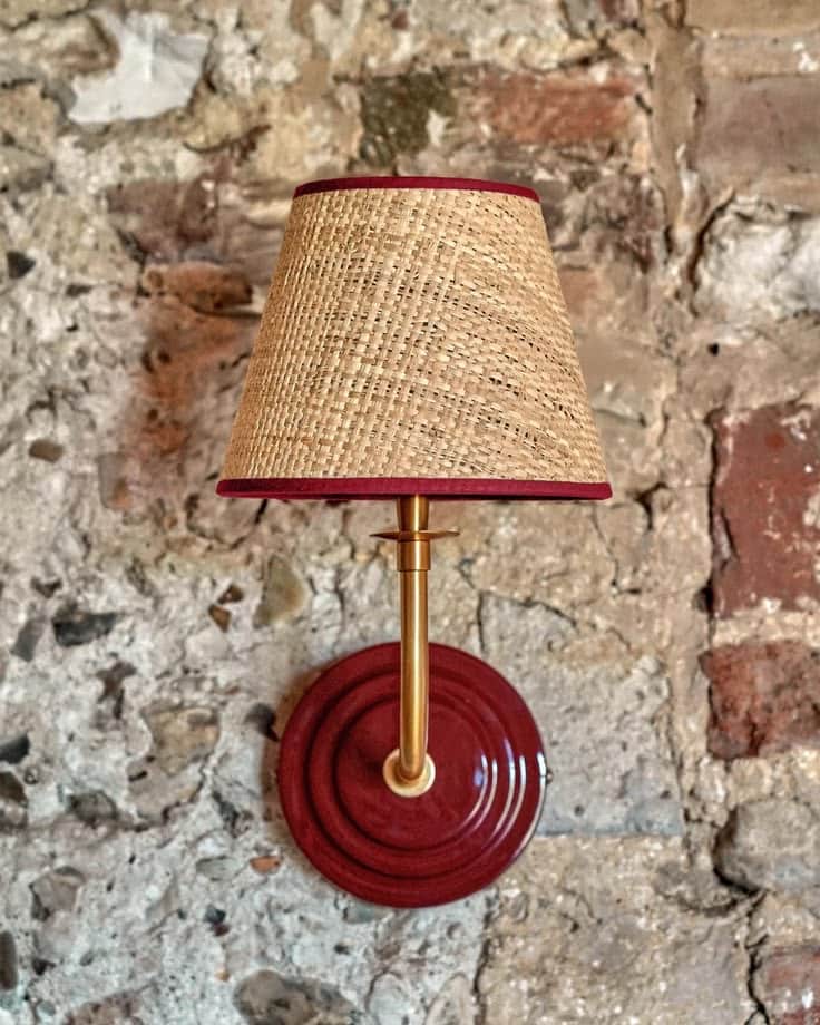 A wall lamp featuring a conical lampshade made of woven natural fibers, possibly straw or rattan, wi… — 3D model