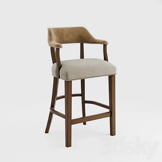 A bar stool featuring a sturdy dark brown wooden frame, an upholstered seat, and a gracefully curved… — 3D model
