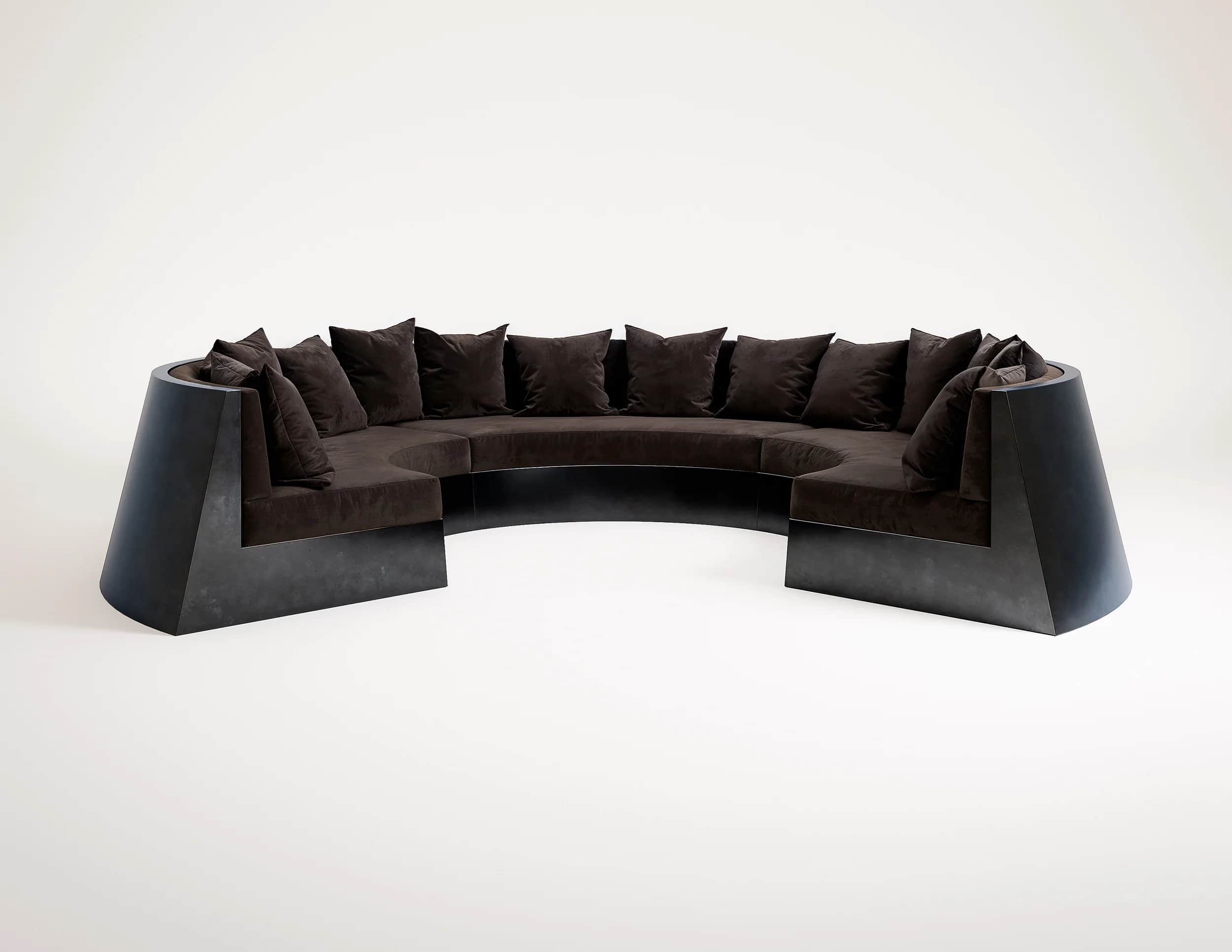 A U-shaped modular sectional sofa with dark brown velvet upholstery and a prominent, dark-toned scul… — 3D model