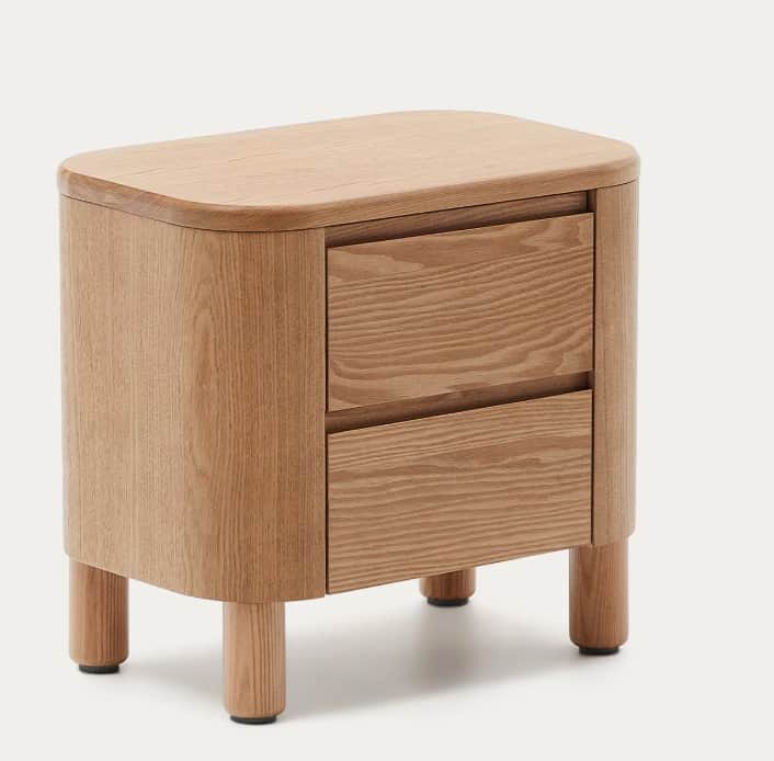 A compact, light-toned wooden cabinet featuring two drawers and smoothly rounded edges on the top an… — 3D model