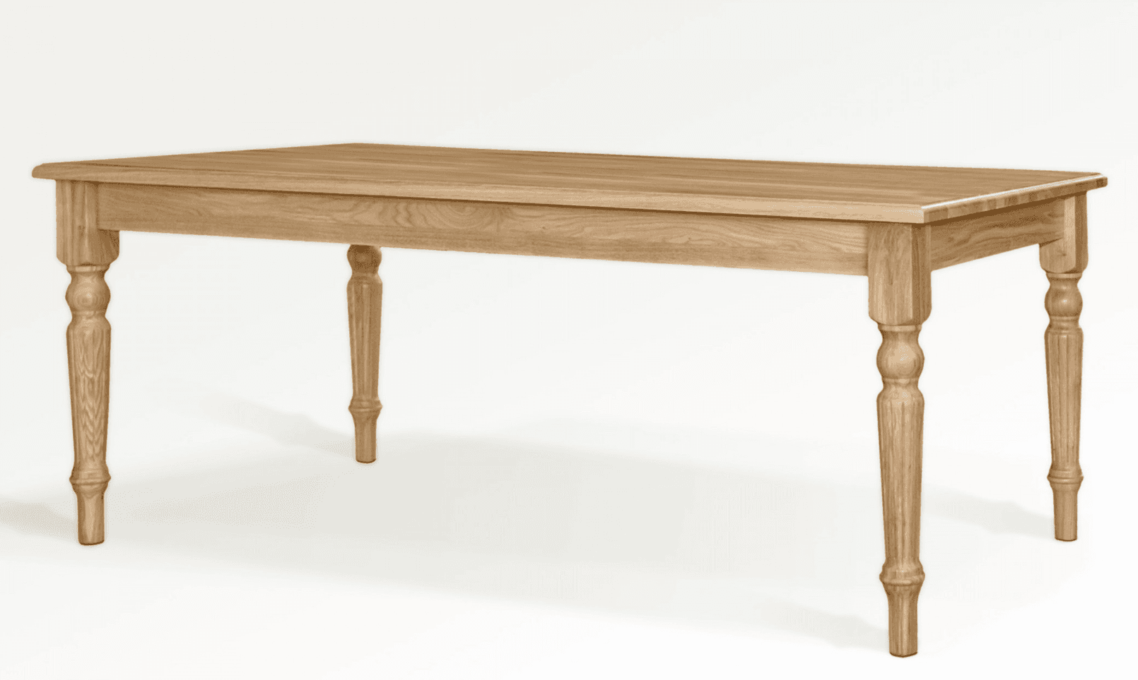 A rectangular wooden dining table with four turned legs. The tabletop is smooth and appears to be ma… — 3D model