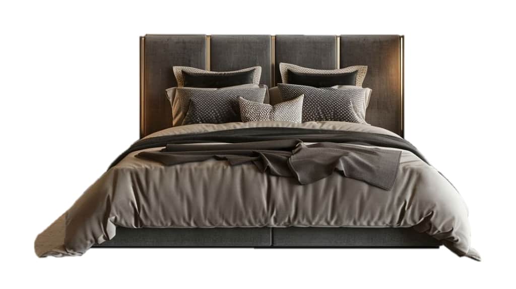 A modern platform bed featuring a tall, paneled upholstered headboard with integrated vertical strip… — 3D model