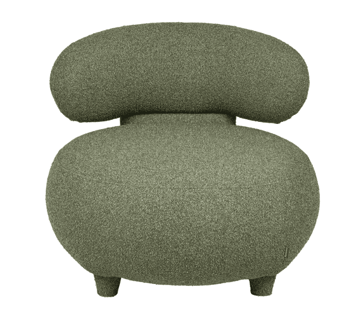 A contemporary armchair with an organic, pod-like silhouette. It features a rounded, voluminous base… — 3D model