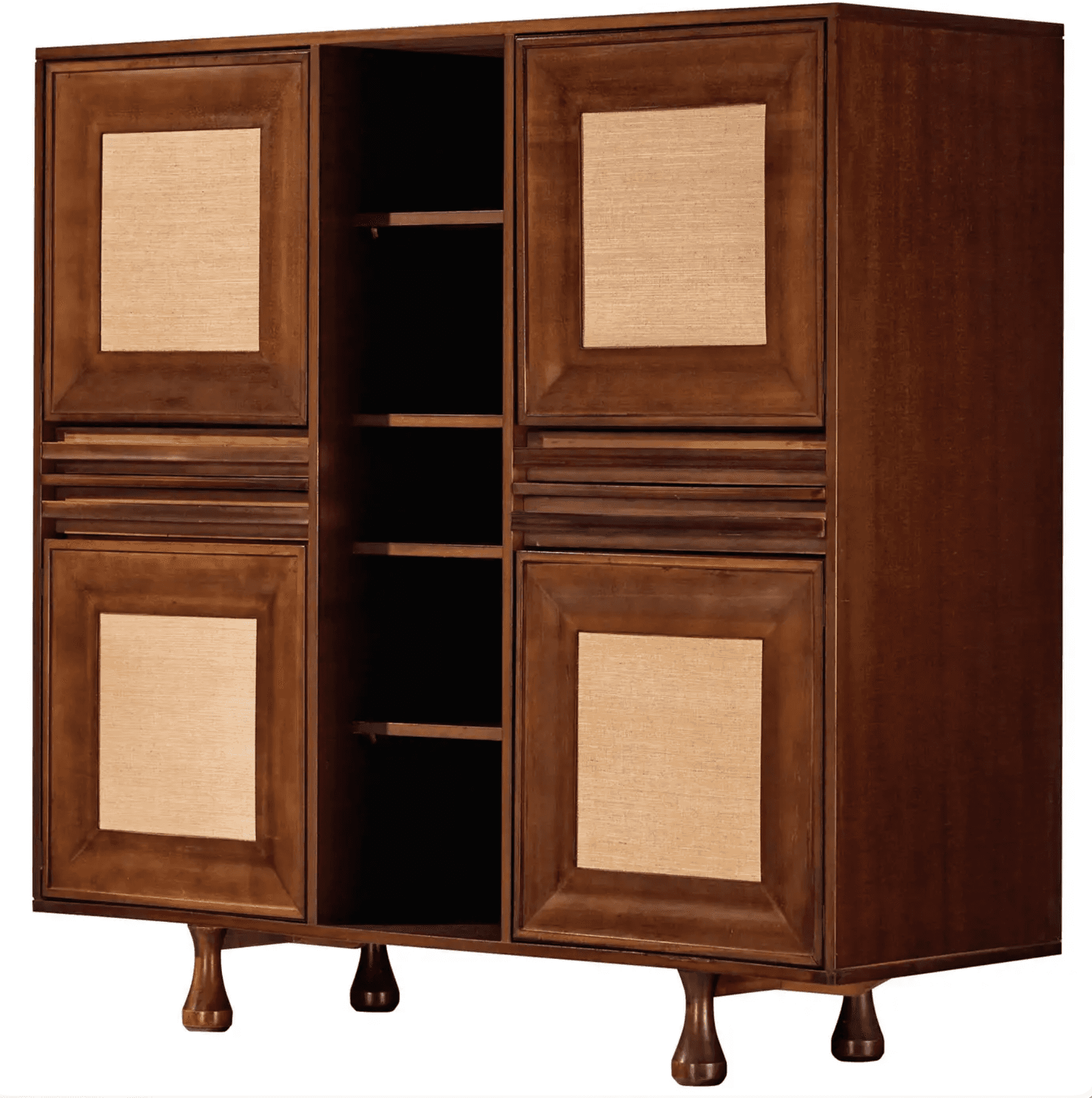 A mid-century modern style cabinet with a dark wood finish. The cabinet features two sections. The l… — 3D model