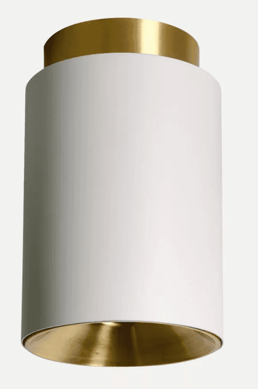 A modern cylindrical light fixture designed for semi-flush ceiling mounting, featuring a matte white… — 3D model