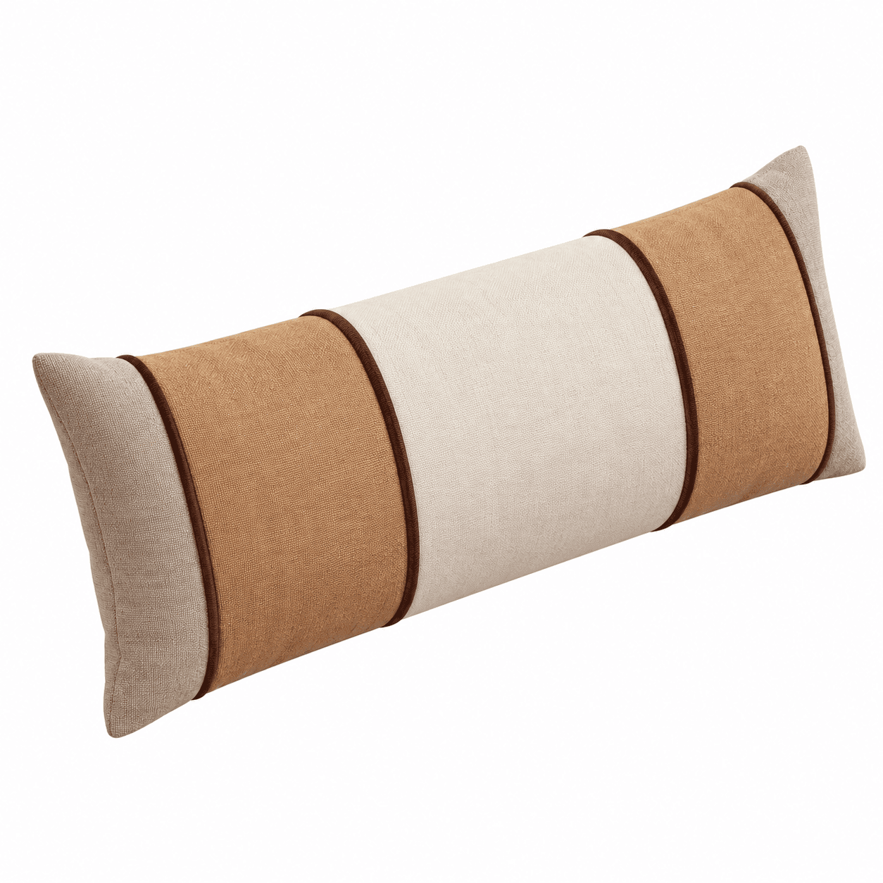 A rectangular bolster cushion featuring a horizontally striped design in a neutral color palette. Th… — 3D model