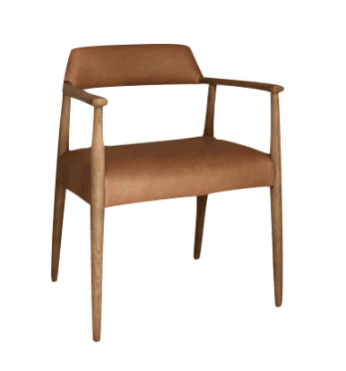A modern armchair with a wooden frame and a brown leather seat and backrest. The chair features a cu… — 3D model