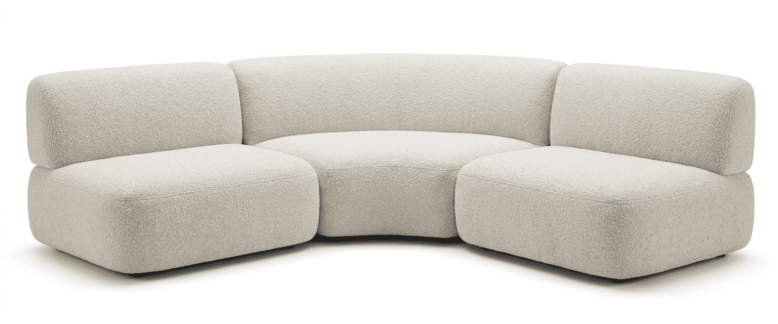 A modular, curved sofa with a bouclé fabric upholstery. It features rounded edges and a low profile,… — 3D model
