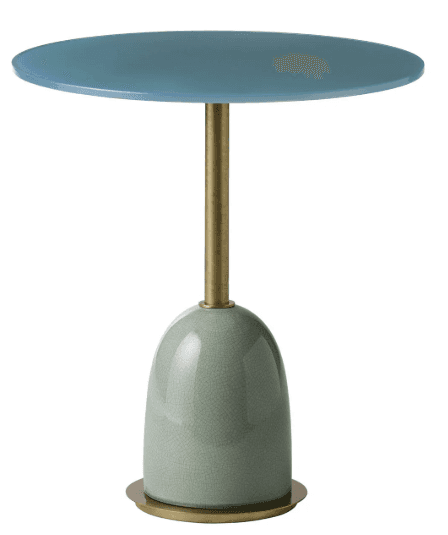 A modern accent table featuring a round blue top, a slender brass stem, and a bell-shaped ceramic ba… — 3D model