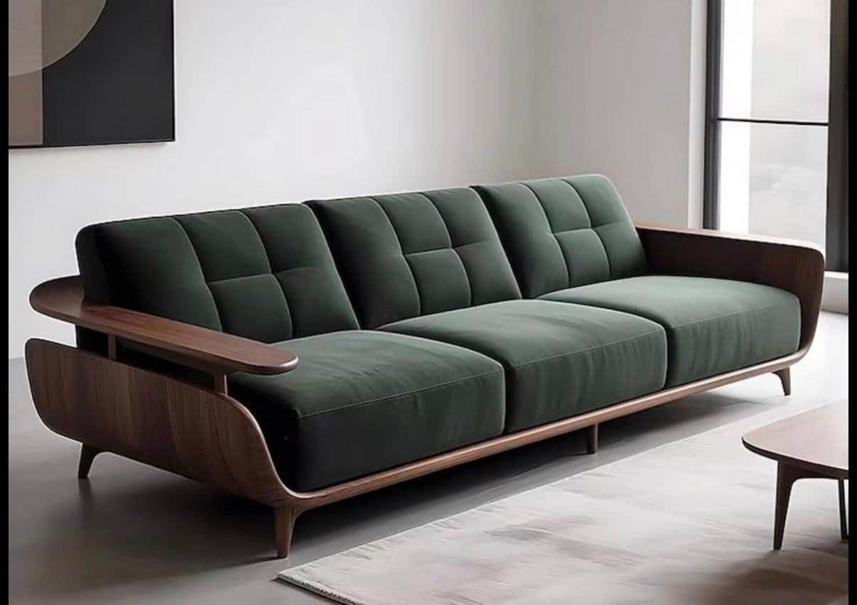 A modern three-seater sofa featuring a distinctive curved walnut wood frame that forms the arms and… — 3D model