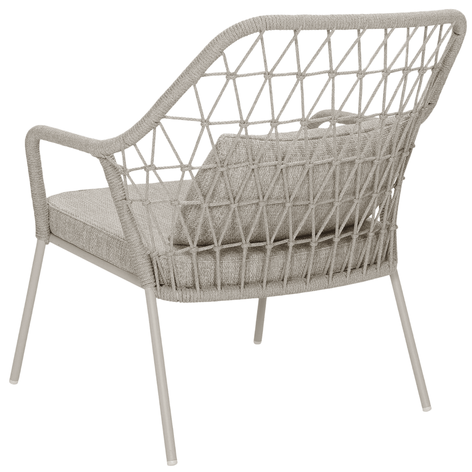 A contemporary outdoor lounge chair featuring a light beige woven synthetic rope back and armrests,… — 3D model