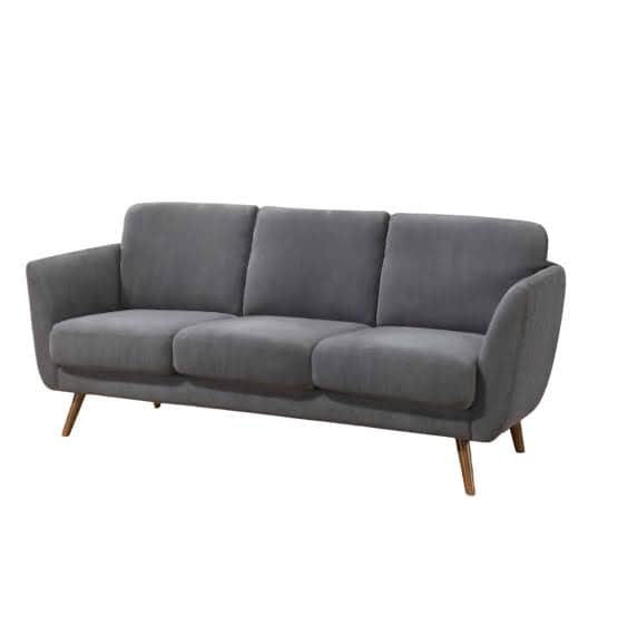 A three-seater sofa with a low profile and gently curved arms. It features a padded backrest and sea… — free GLTF 3D model