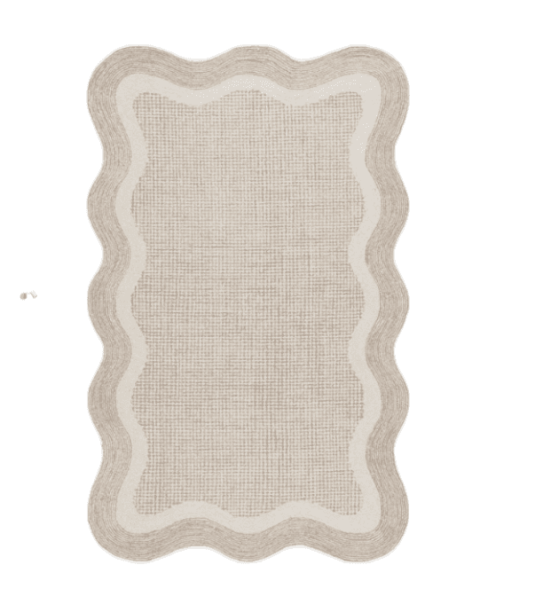A rectangular rug with a scalloped border. The central area features a woven texture, and it is bord… — 3D model