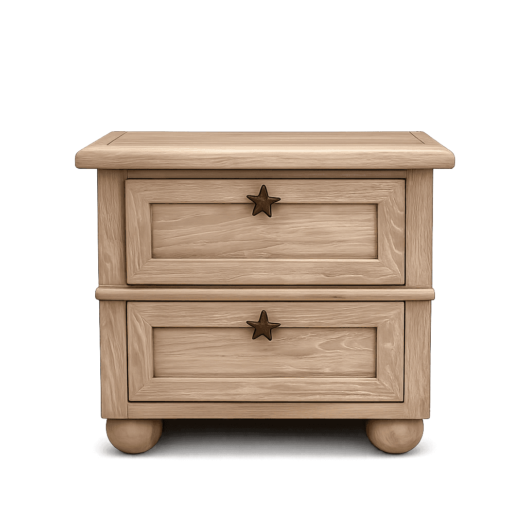 A two-drawer wooden nightstand crafted from light-toned oak wood, featuring prominent grain patterns… — 3D model