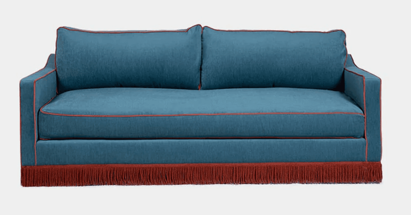 A contemporary sofa upholstered in a vibrant teal blue fabric, featuring square arms and a tight bac… — free GLTF 3D model