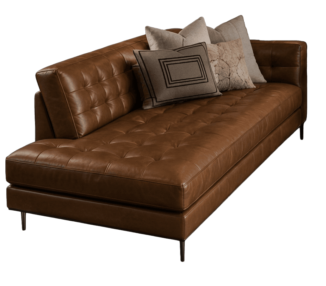 A modern tufted leather chaise lounge featuring a rich cognac brown finish, a single armrest, and sl… — 3D model