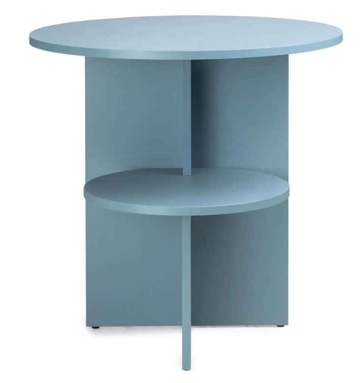 A modern side table with a circular top and a tiered shelving system. The structure consists of a ma… — 3D model