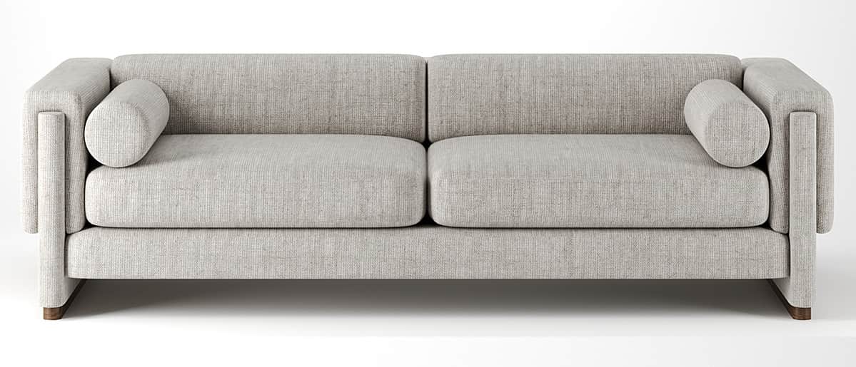 A modern, upholstered sofa with clean lines and blocky arms. It features a tufted seat cushion, a re… — 3D model