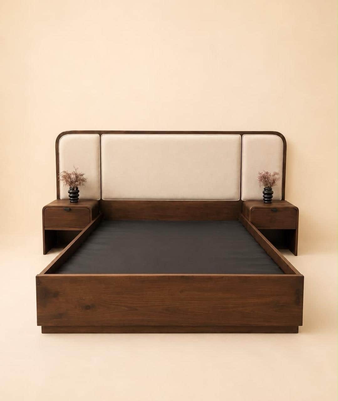 A contemporary platform bed made of dark walnut-finished wood, featuring an integrated upholstered h… — 3D model