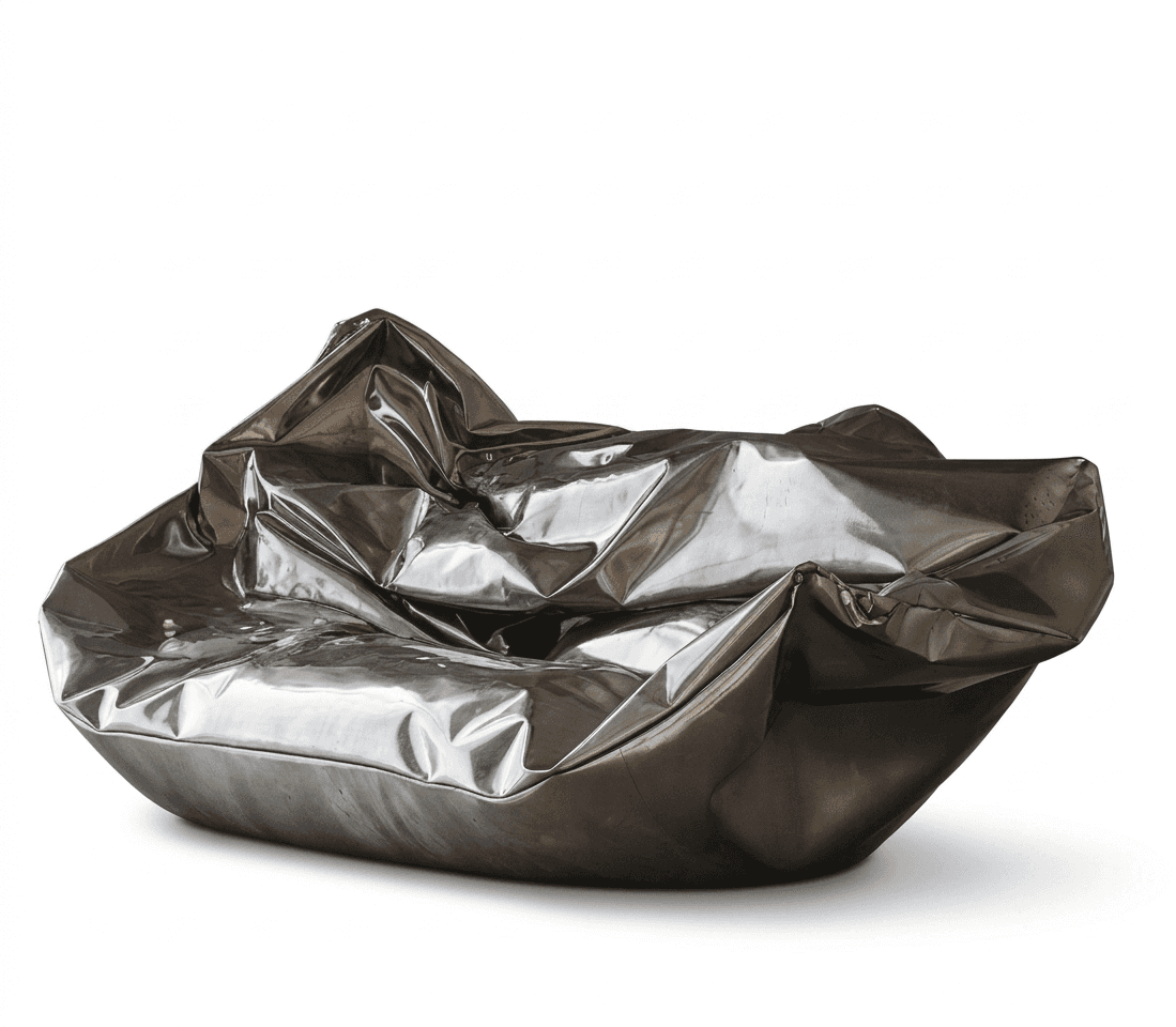 A contemporary sofa with an abstract, crumpled design. The piece features a highly reflective, metal… — 3D model