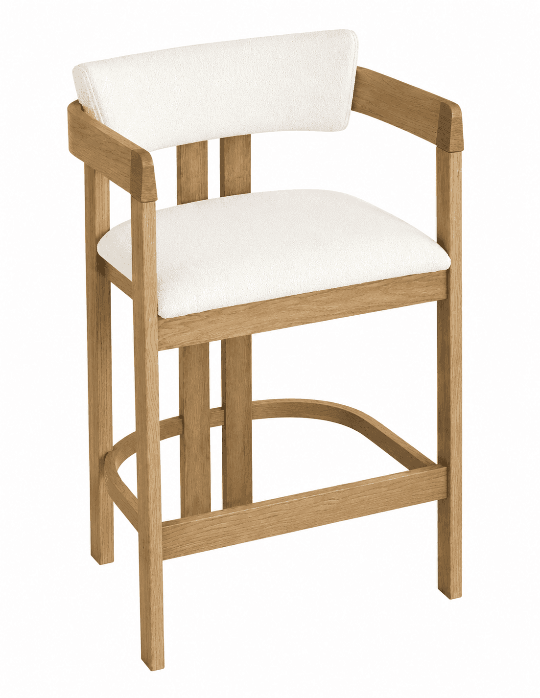 A contemporary bar stool featuring a light-colored wooden frame with integrated armrests and upholst… — 3D model