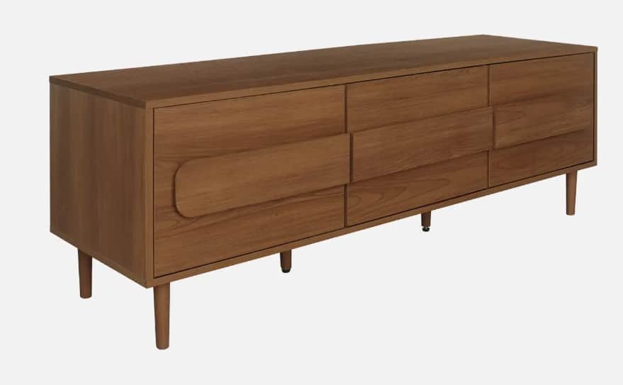 A long, low wooden cabinet with multiple storage compartments, including drawers and perhaps doors,… — free OBJ 3D model
