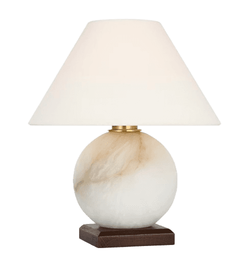 A table lamp featuring a spherical base made of alabaster with natural veining in white and beige to… — 3D model