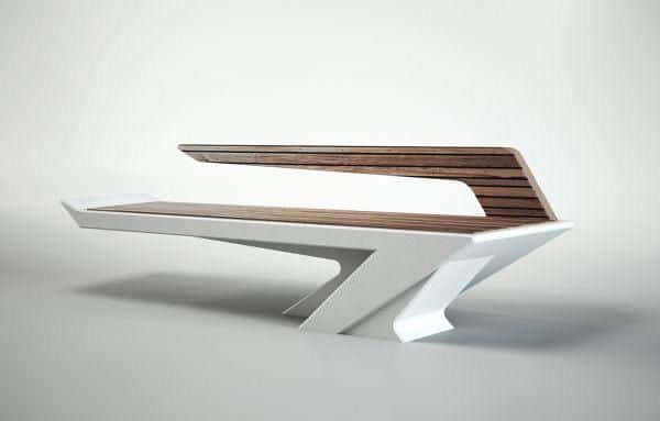 A contemporary bench with a distinctive, futuristic design. The seating and backrest are composed of… — 3D model
