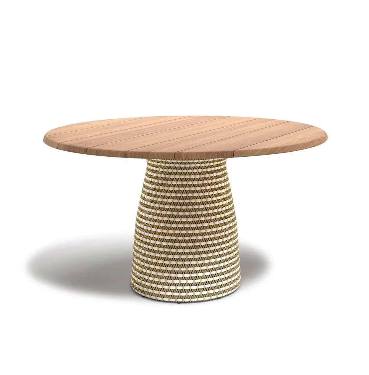 A contemporary outdoor round dining table featuring a slatted wooden top and a distinctive tapered p… — 3D model