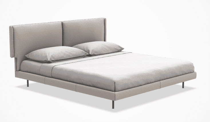 A contemporary upholstered bed frame with a two-panel headboard and low-profile base. The bed is dre… — 3D model