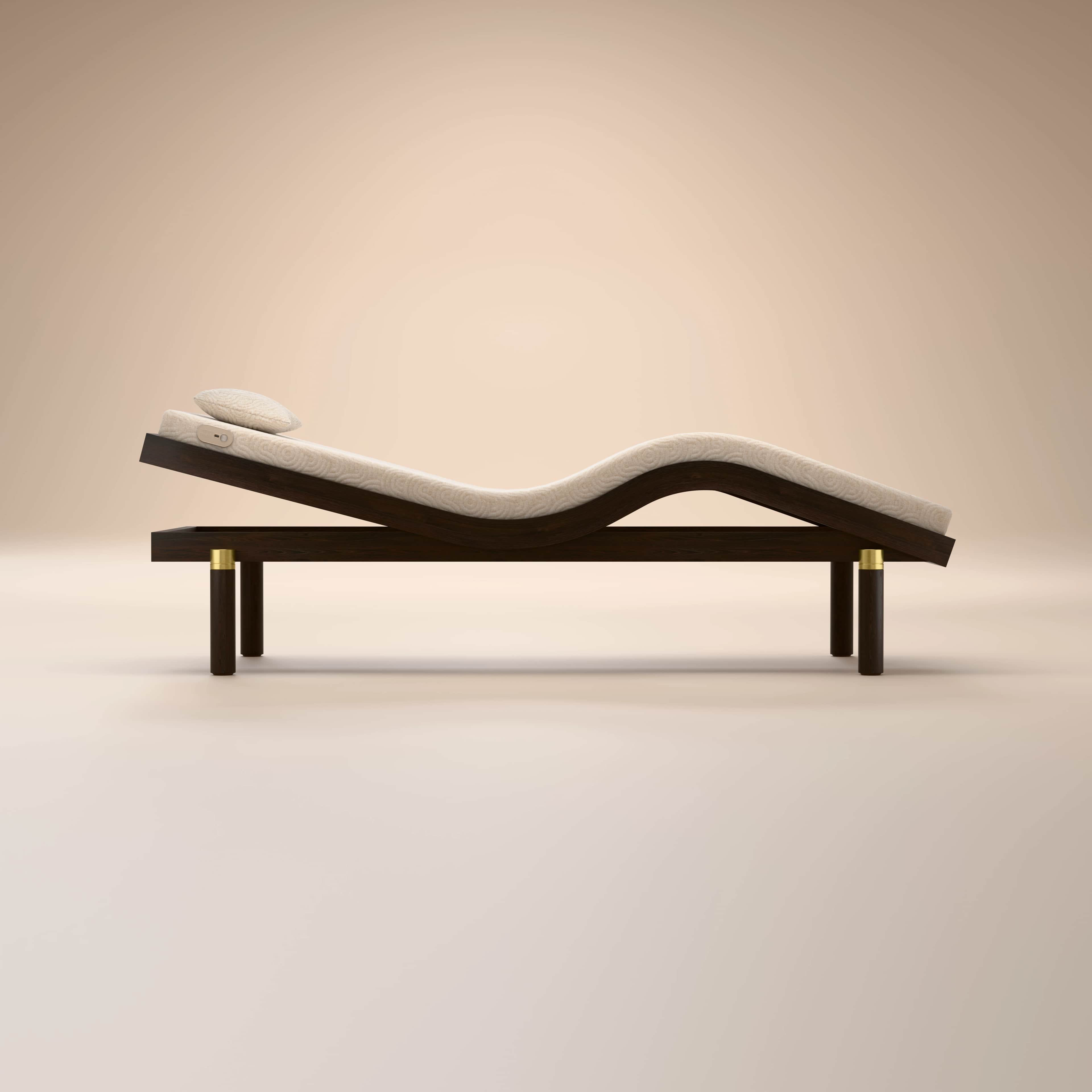 A chaise lounge with a dark wood frame and a curved, contoured seat and backrest. The upholstery is… — 3D model