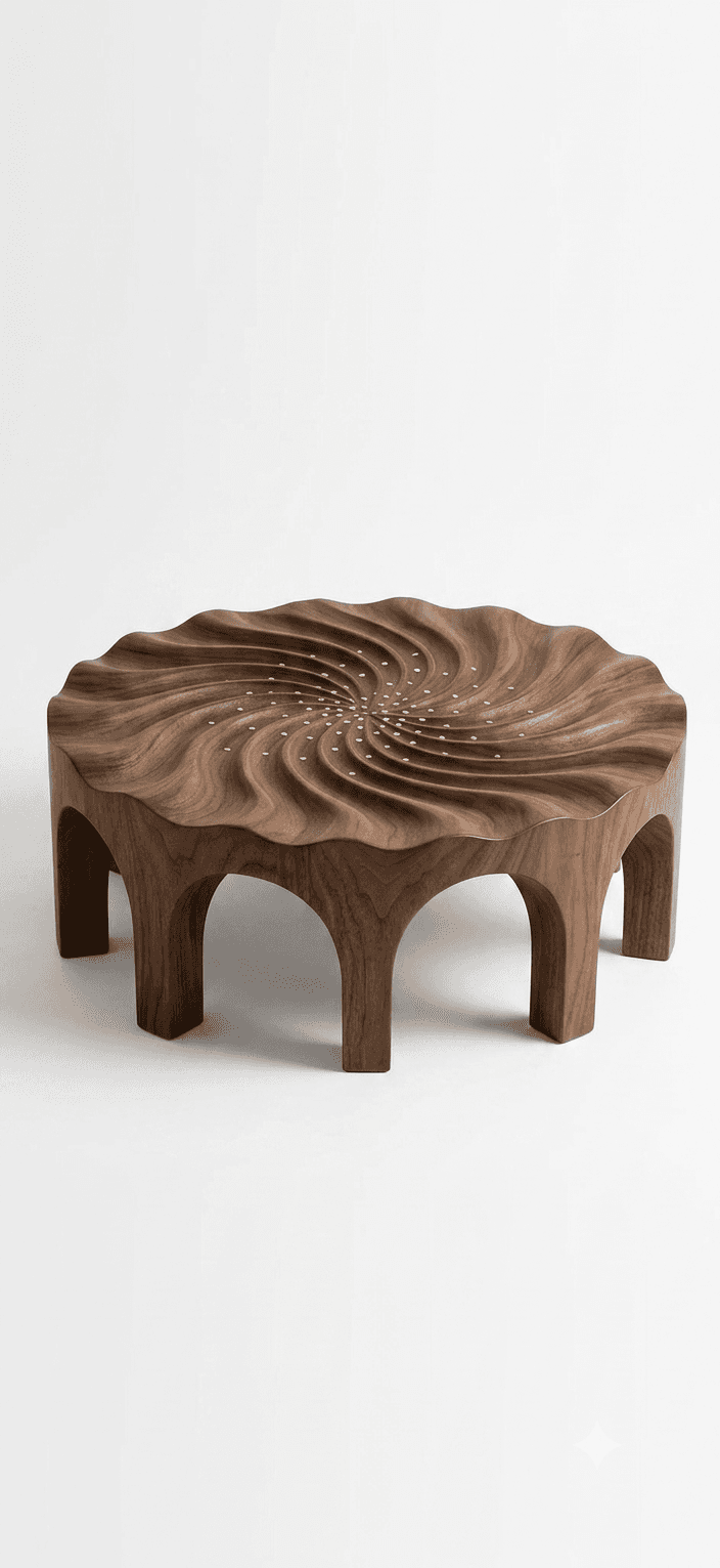 A low, round coffee table crafted from dark walnut wood, featuring a deeply carved spiral pattern on… — 3D model