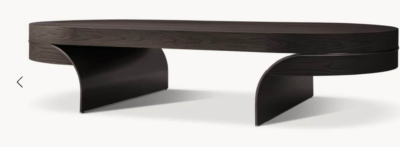 An elongated, oval-shaped bench featuring a dark wood finish and distinctive curved support legs, de… — 3D model