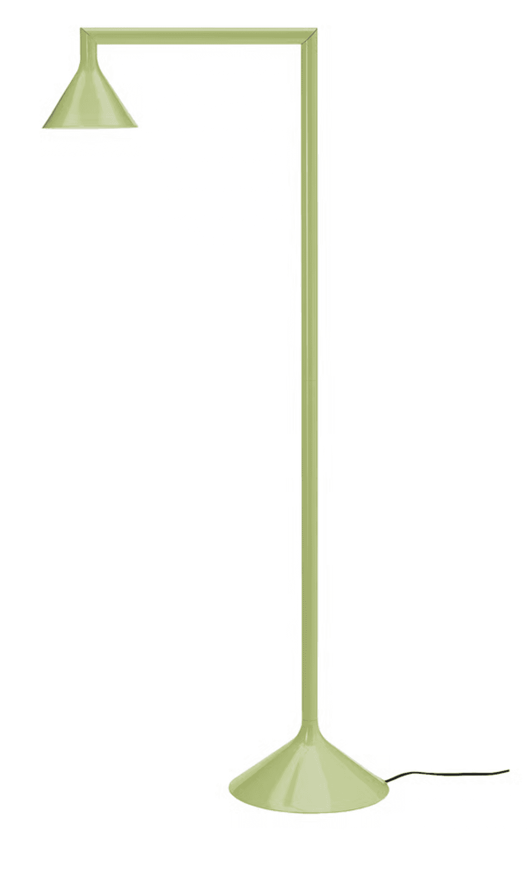 A minimalist light green floor lamp featuring a straight vertical stem, a right-angle arm, a conical… — 3D model