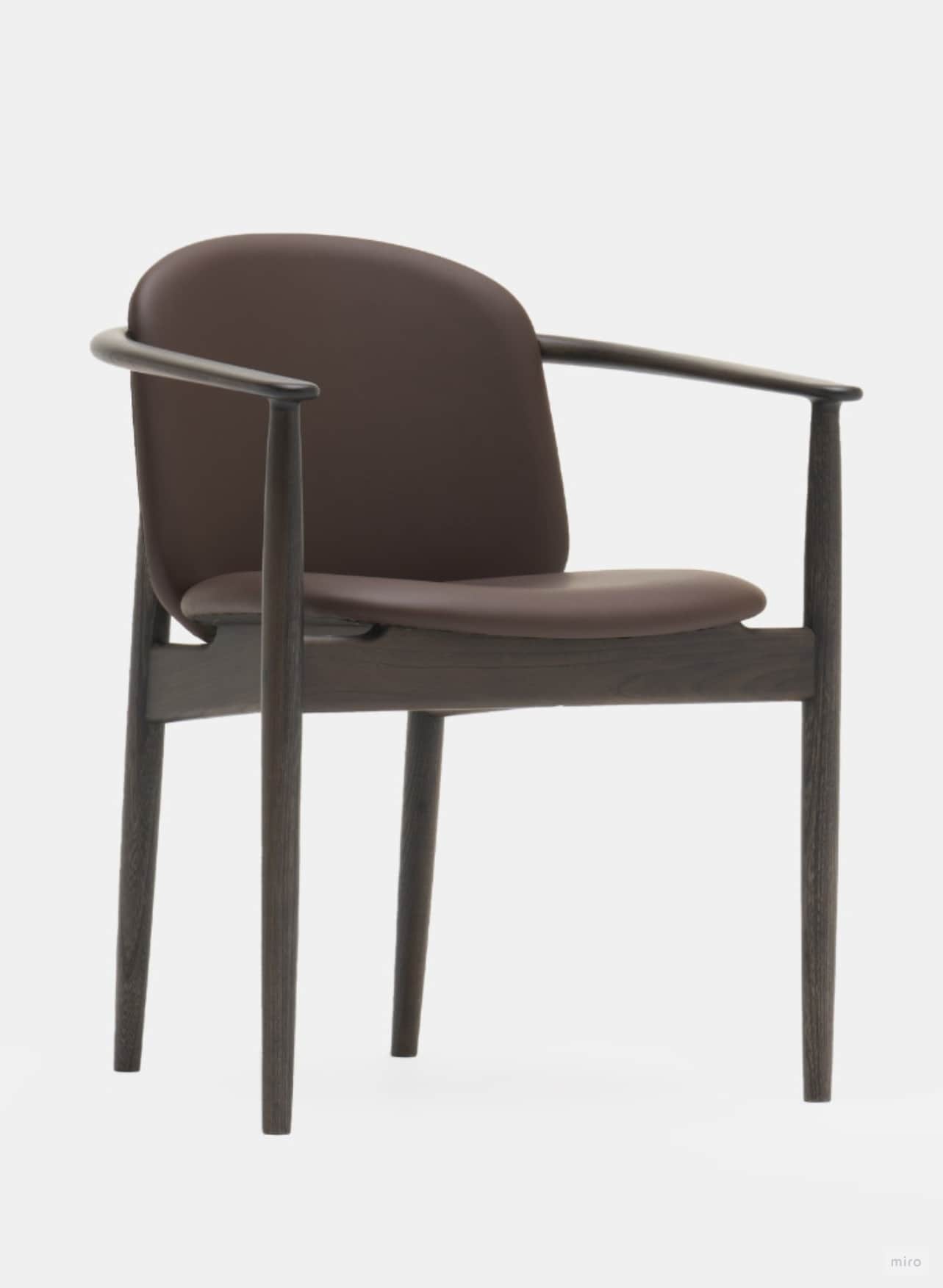 A wooden armchair with a curved backrest and a padded seat. The frame is made of dark-stained wood,… — free OBJ 3D model