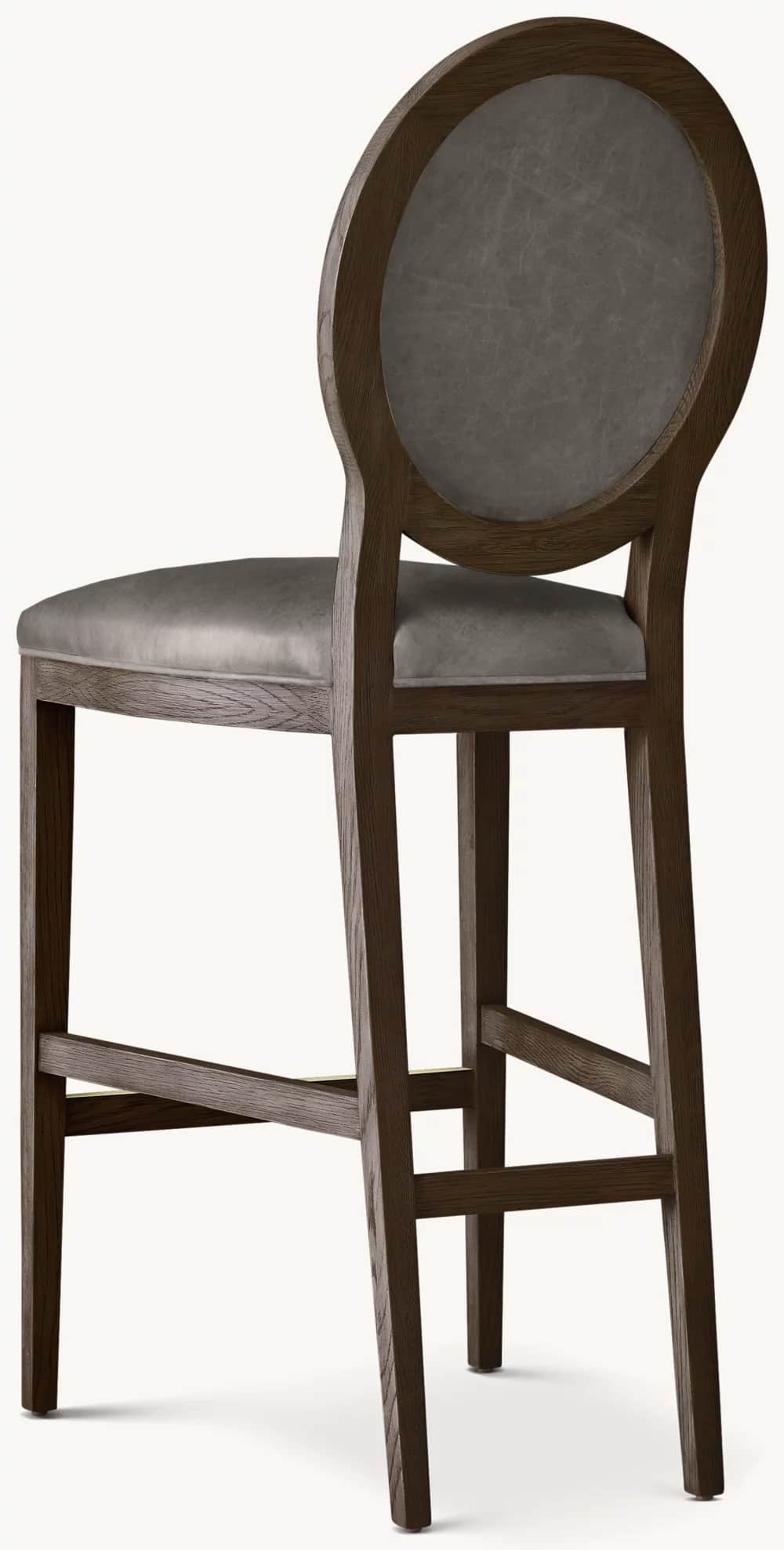 An upholstered bar stool with a dark wood frame and grey faux leather upholstery, featuring a distin… — 3D model